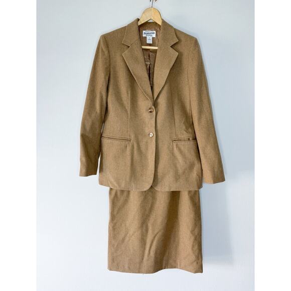 Vintage Pendleton Blazer Skirt Suit Set Tan Outfit Virgin Wool PRISTINE - Picture 1 of 12